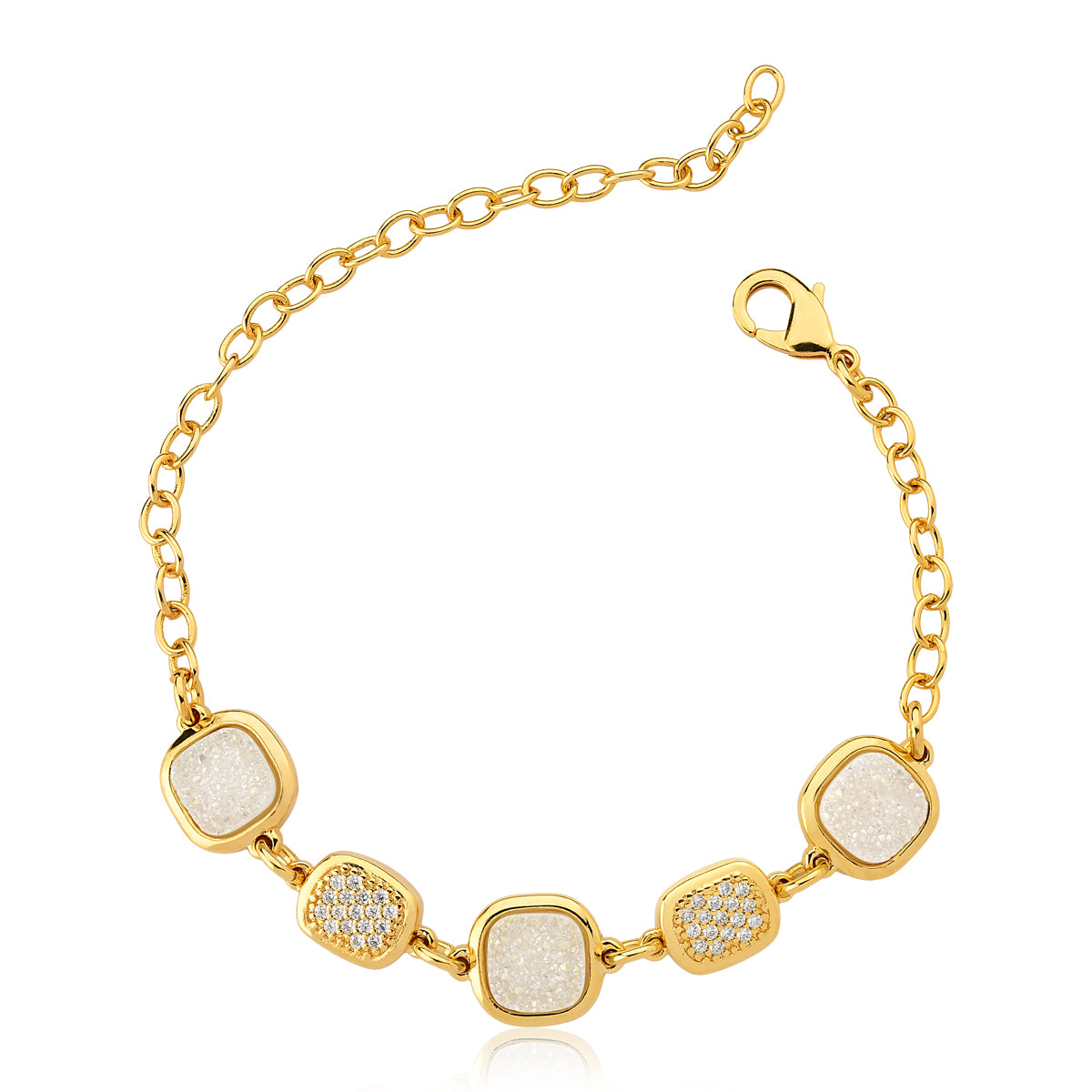 Link Bracelet in Pearl Druzy Natural Gemstone  &amp; Pave Cubic Zirconia Studded | Gold Plated