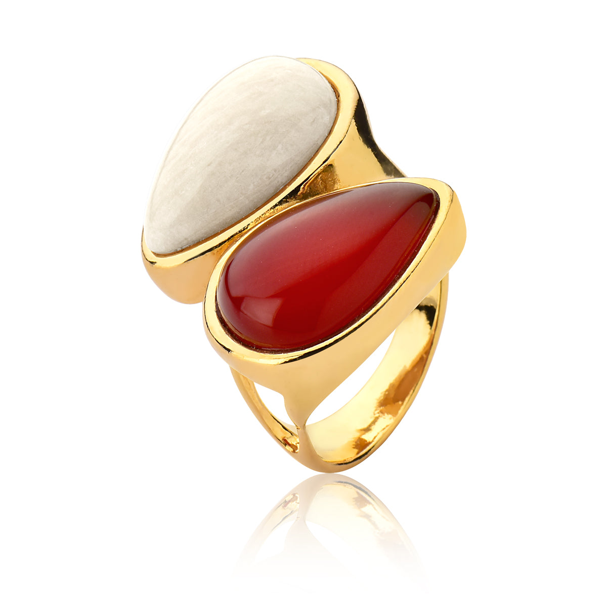 Cocktail Ring in Red Agate &amp; Beige Amazonite Natural Gemstone | Gold Plated