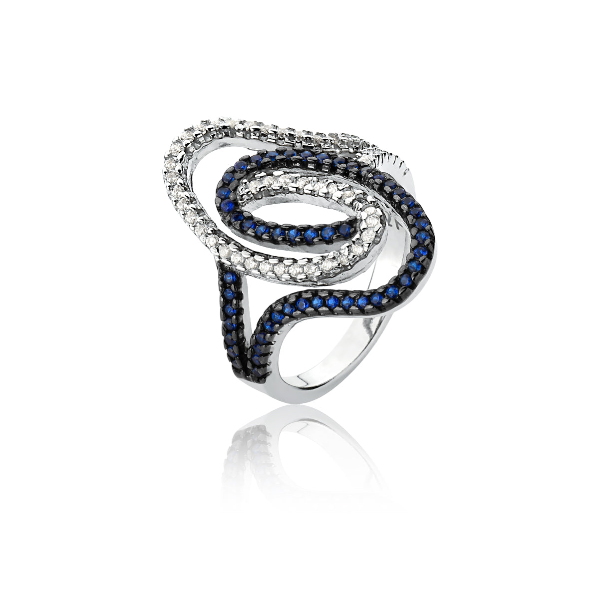 Cocktail Ring Clear and Blue CZ Pave  | Rhodium over Silver