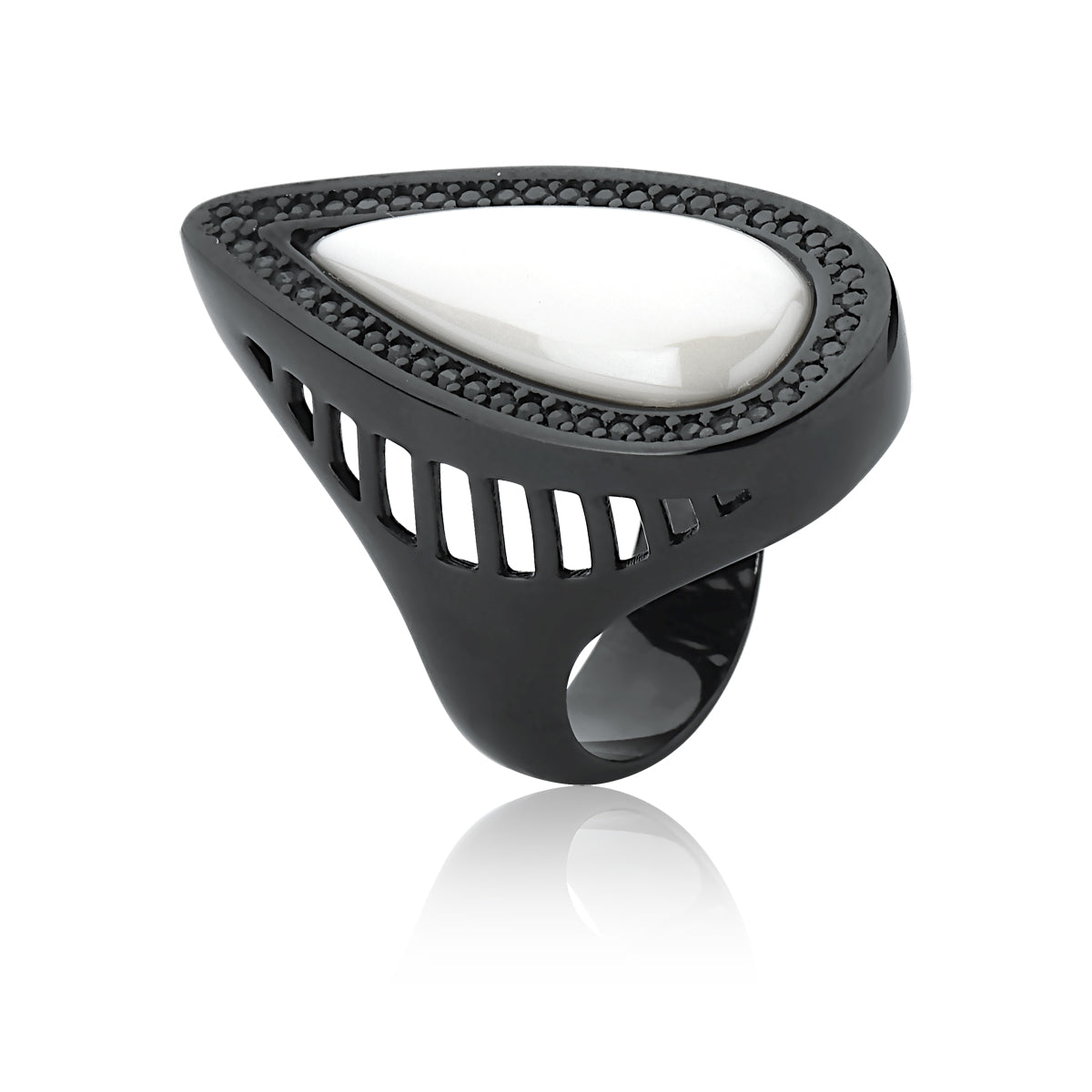 White Porcelain Cocktail Ring & Pave Black Zirconia Studded | Black Metal