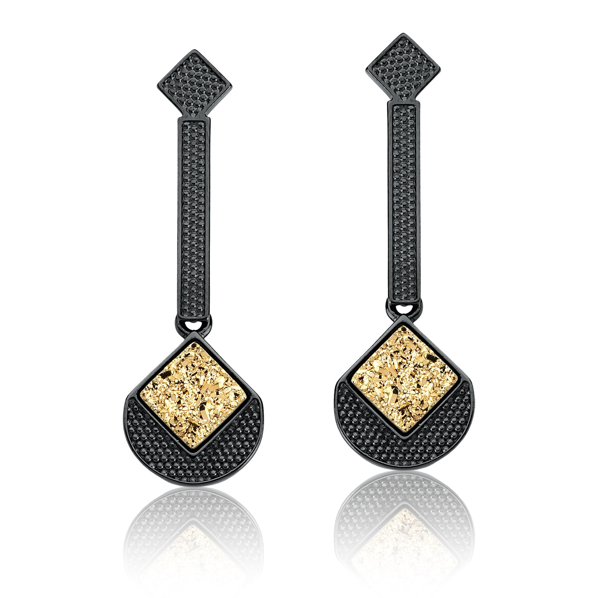Drop Earrings in Gold Druzy Natural Gemstone | Black Metal
