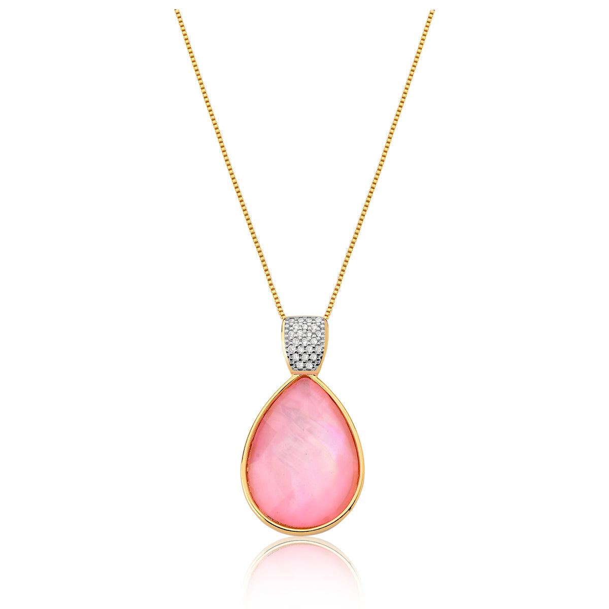 Pink Mother-of-Pearl Pendant Necklace &amp; Pave Clear CZ Studded | Gold Plated