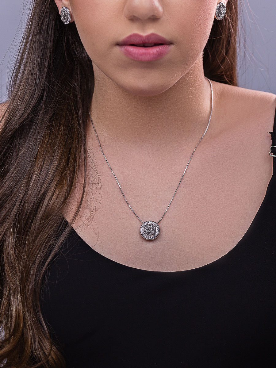 Pendant Necklace in Titanium Druzy Natural Gemstones &amp; Pave Clear Cubic Zirconia Studded | Rhodium Plated