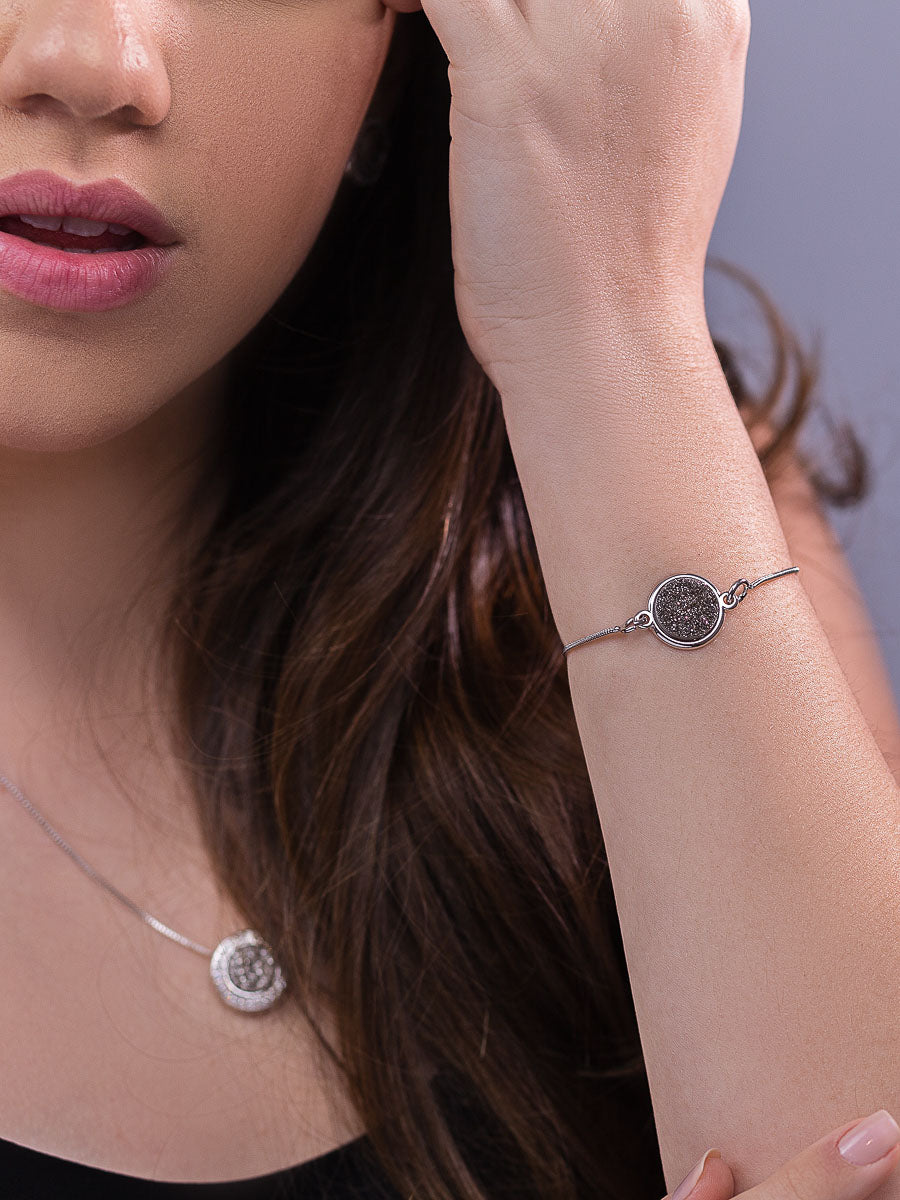 Link Bracelet in Titanium Druzy Natural Gemstones | Rhodium Plated