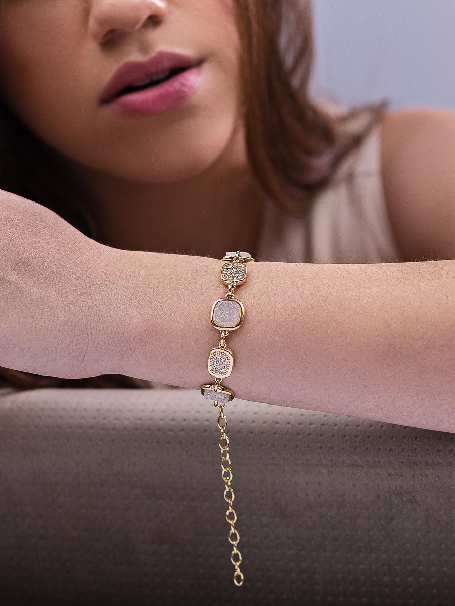 Link Bracelet in Pearl Druzy Natural Gemstone  &amp; Pave Cubic Zirconia Studded | Gold Plated
