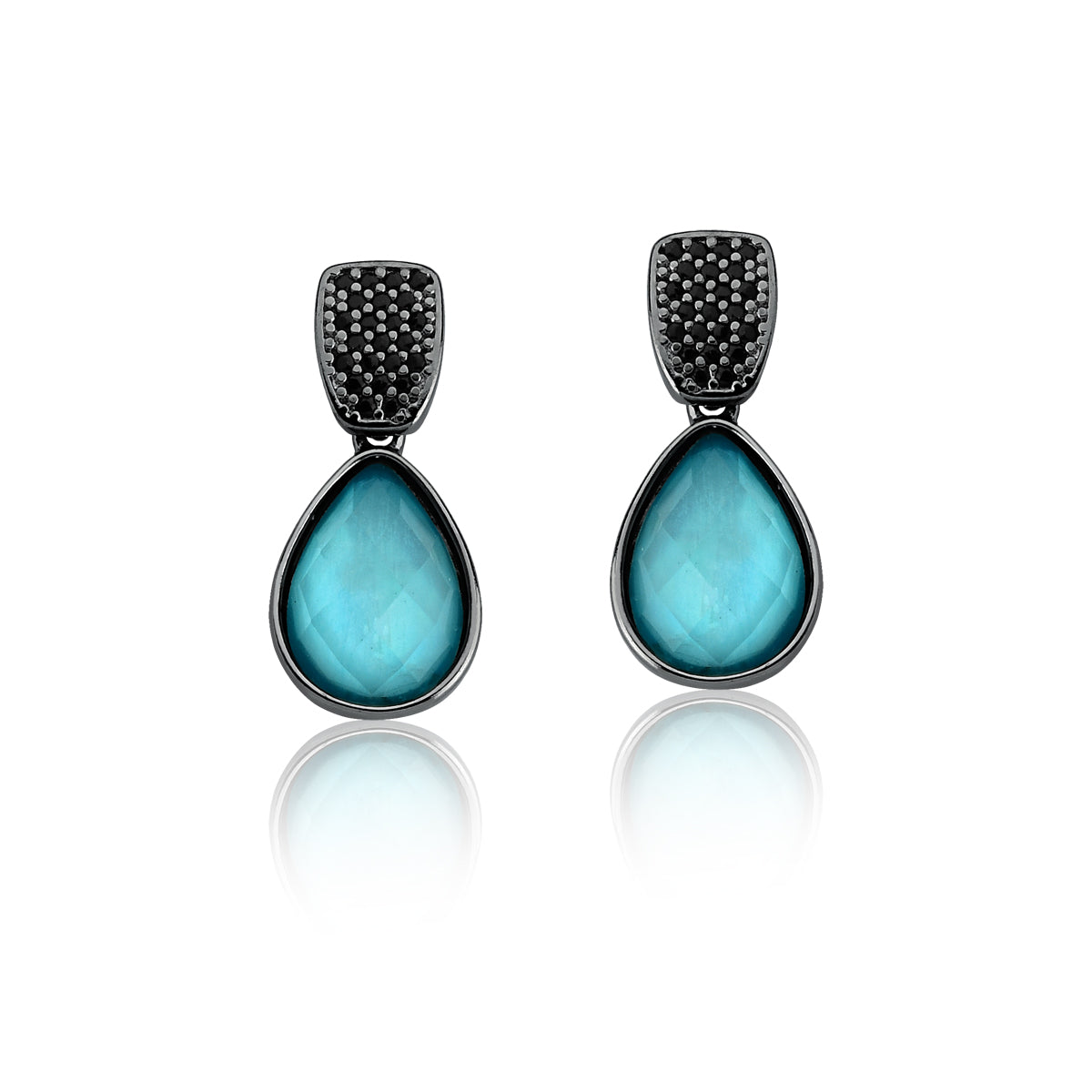 Blue Mother-of-Pearl Drop Earrings &amp; Pave Black Spinel Studded | Black Rhodium Plated
