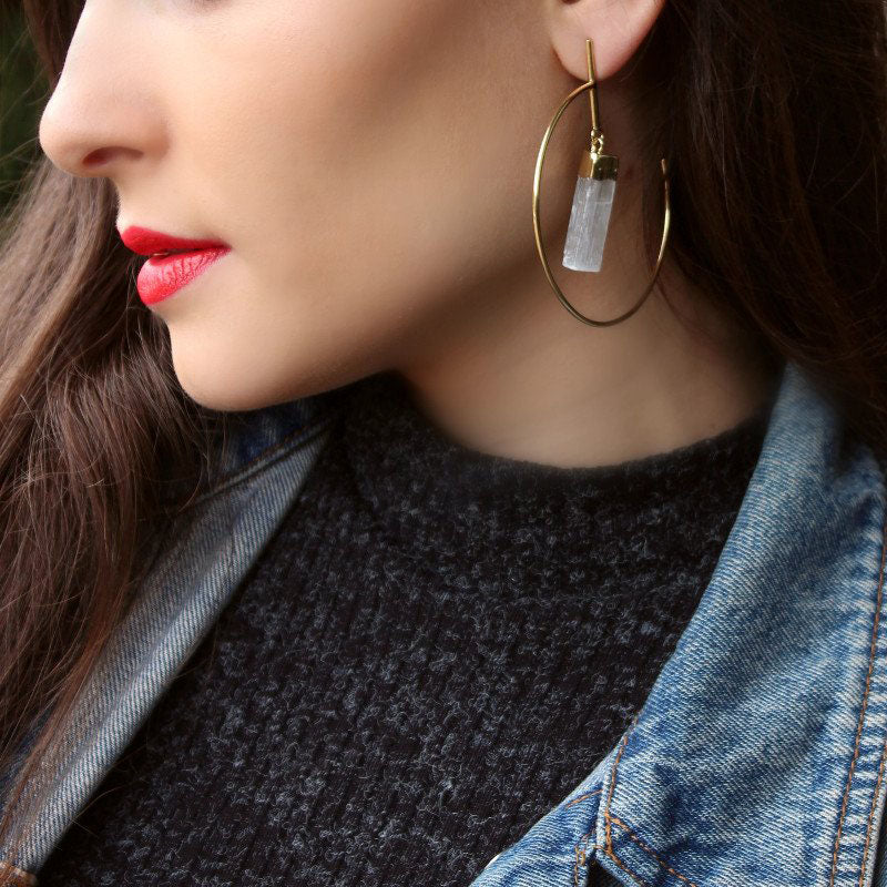 Hoop Earrings in Natural Selenite Gemstone | Gold Plated