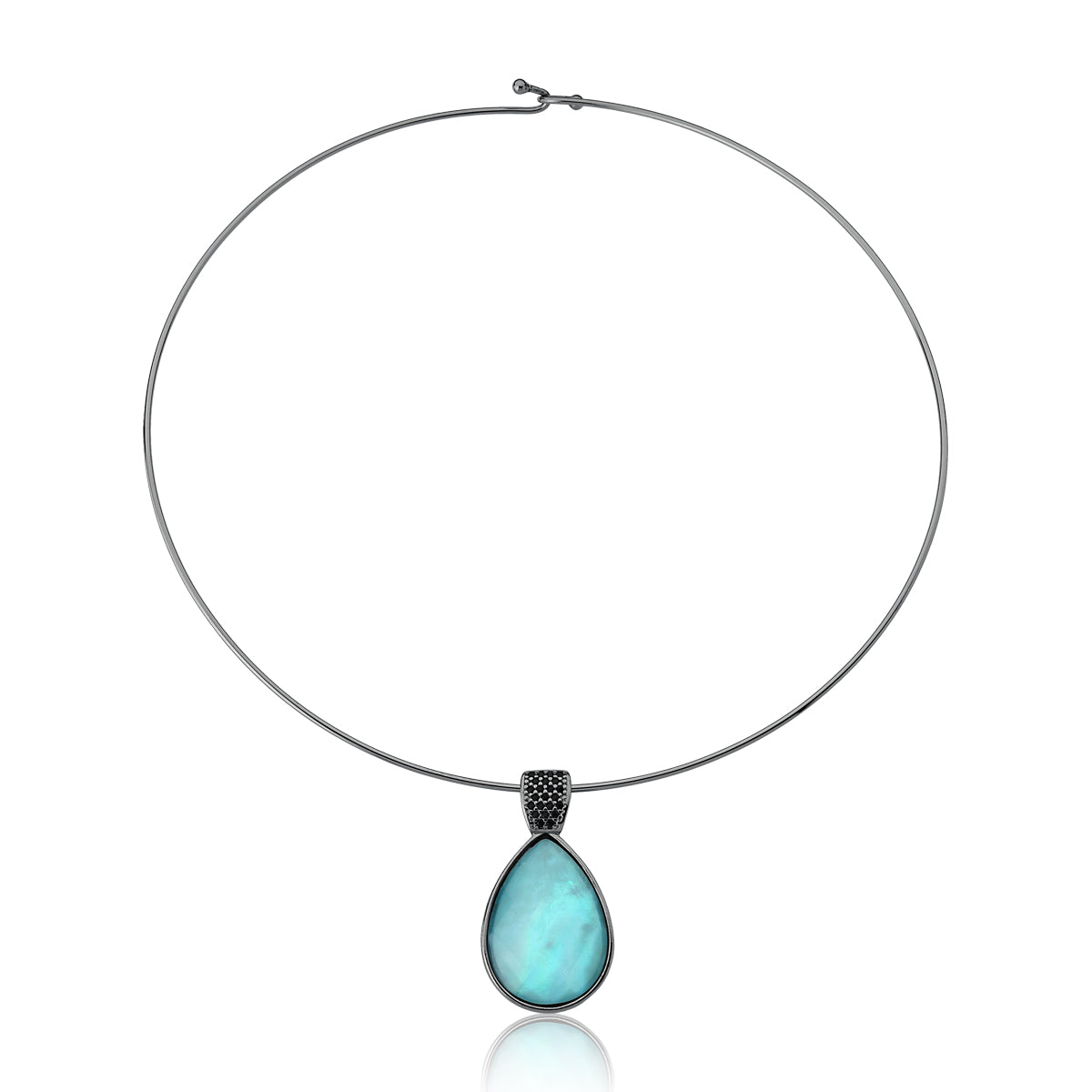 Blue Mother-of-Pearl Choker Necklace &amp; Pave Black Spinel Studded | Black Rhodium Plated
