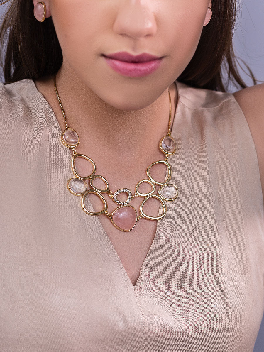 Statement Necklace in Rose Quartz and Rock Crystal Natural Gemstone &amp; Pave Clear Cubic Zirconia Studded | Gold Plated