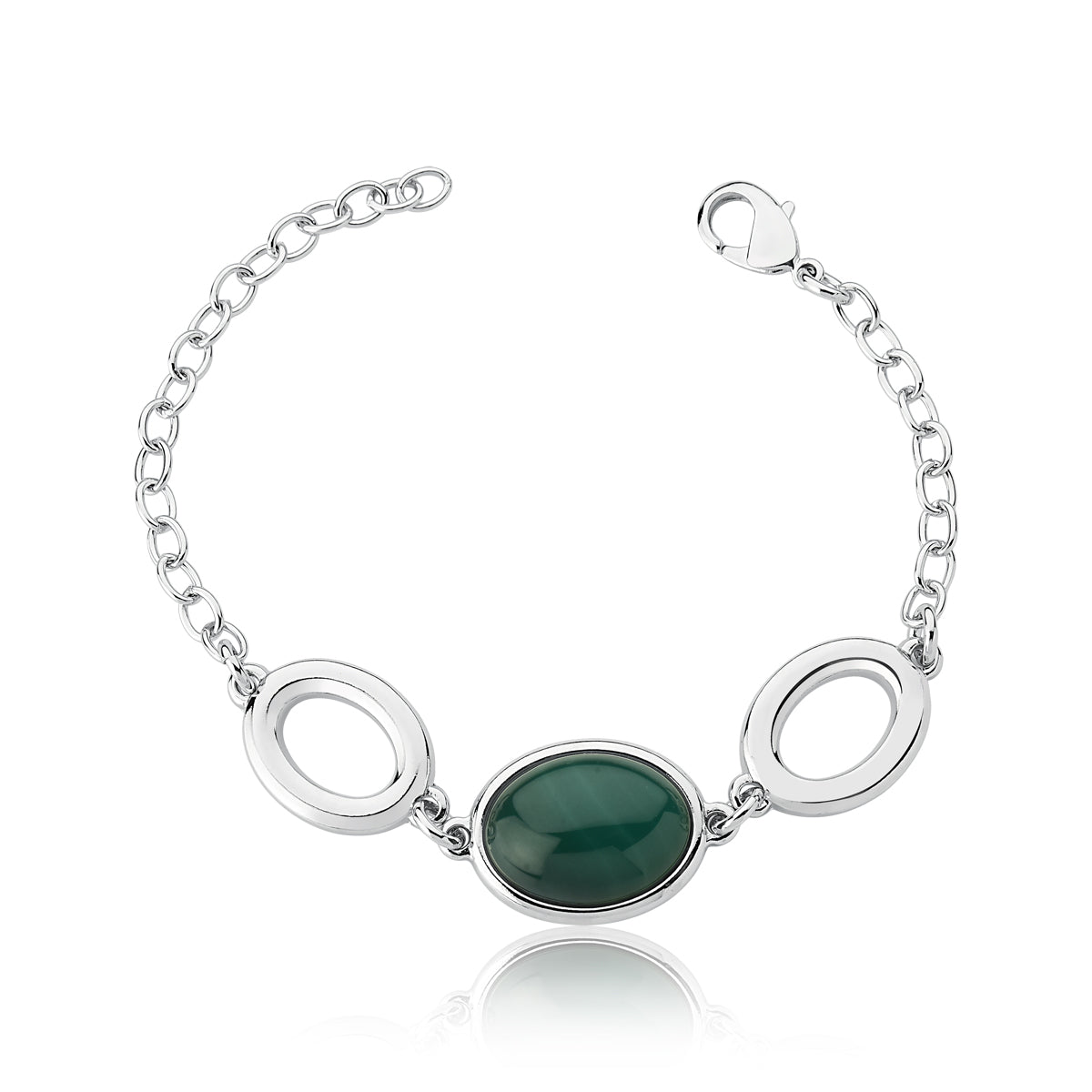 Link Bracelet in Green Agate Natural Gemstone | Rhodium Plated
