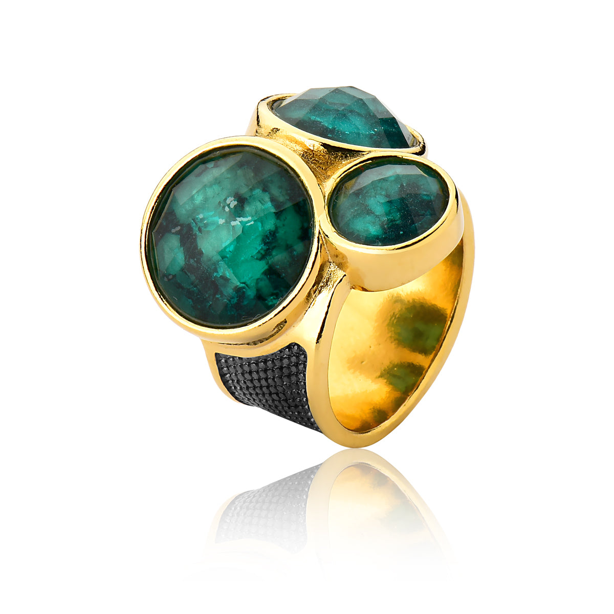 Cocktail Ring in Dark Green Raw Rough Emerald | Gold &amp; Black Rhodium Plated