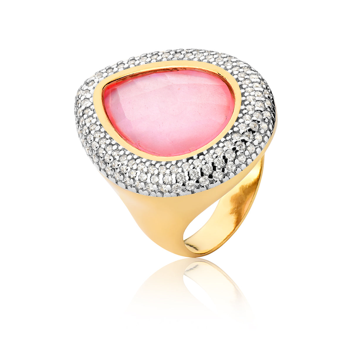 Pink Mother-of-Pearl and Clear CZ Halo Cocktail Ring | Gold Plated