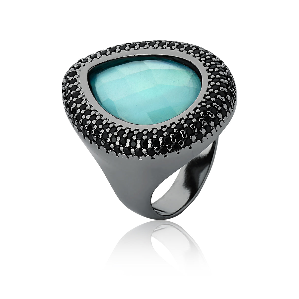 Blue Mother-of-Pearl and Black Spinel Halo Cocktail Ring | Black Rhodium Plated