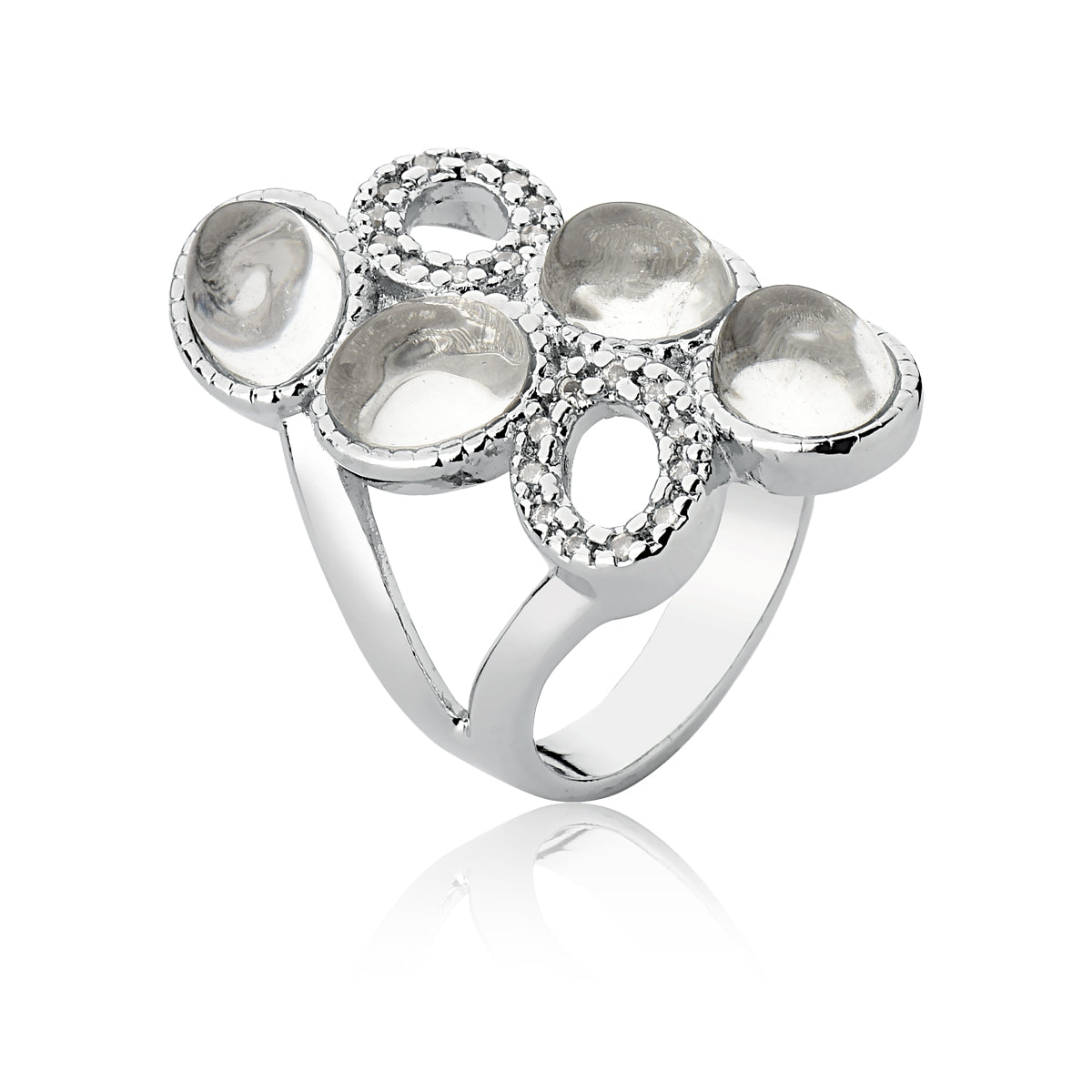 Cocktail Ring in Rock Crystal Natural Gemstone | Rhodium Plated