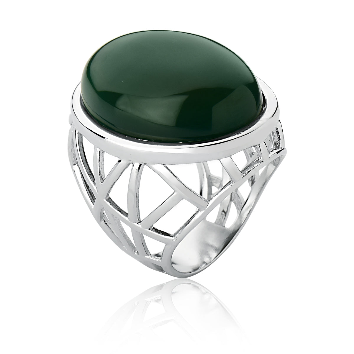 Cocktail Ring in Green Agate Natural Gemstone | Rhodium Plated