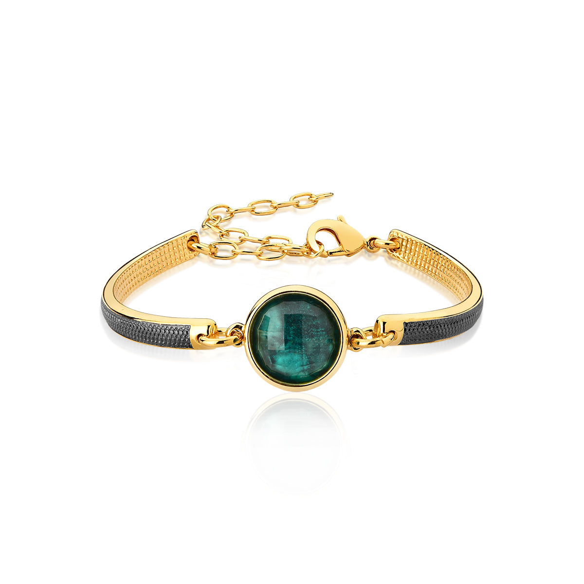 Bangle Bracelet in Dark Green Raw Rough Emerald | Gold &amp; Black Rhodium Plated