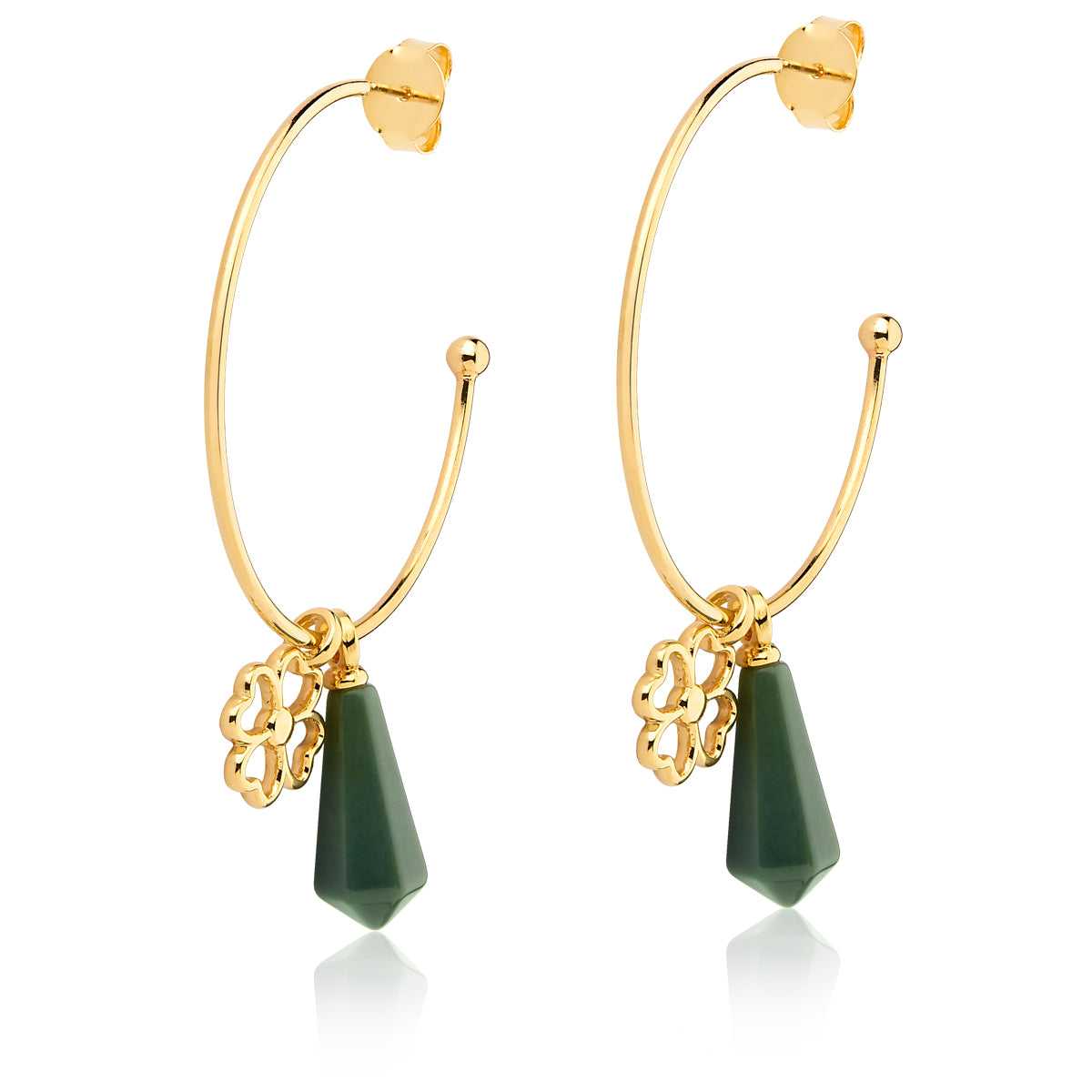 Hoop Earrings with Clover Leaf and Polychrome Jasper Prism Bezel | Gold Plated