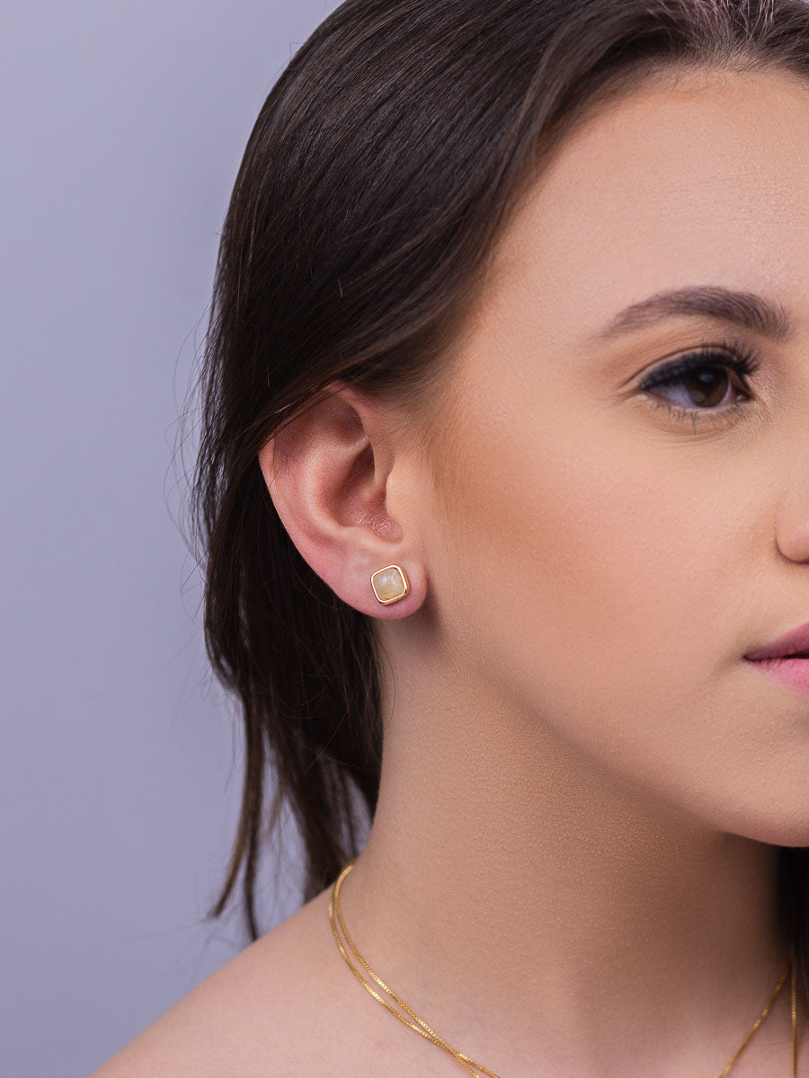 Stud Earrings in Brazilian Rutilated Quartz Natural Gemstone | Gold Plated
