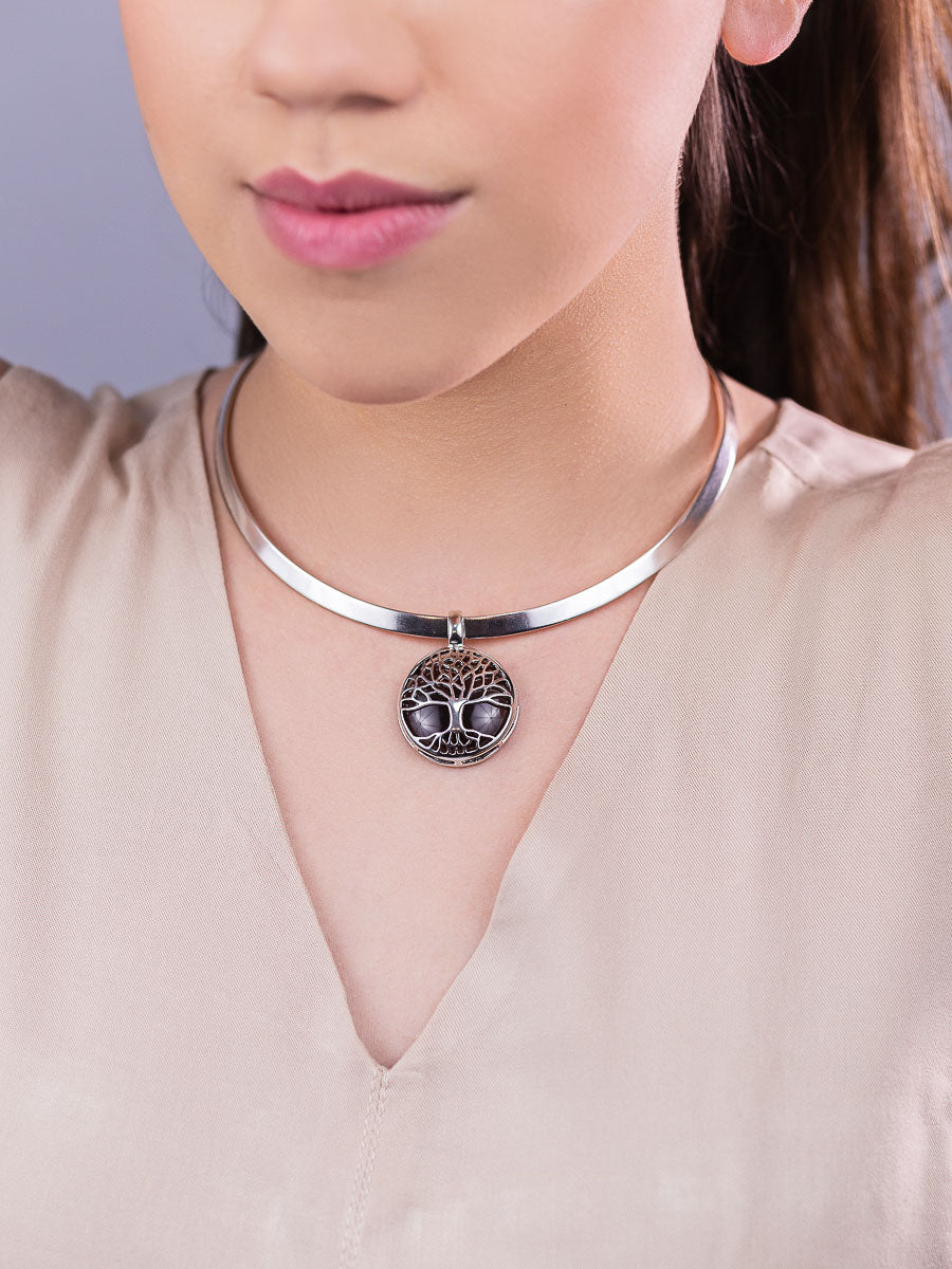 Tree of Life Choker Necklace in Smoke Obsidian Natural Gemstone | Rhodium Plated