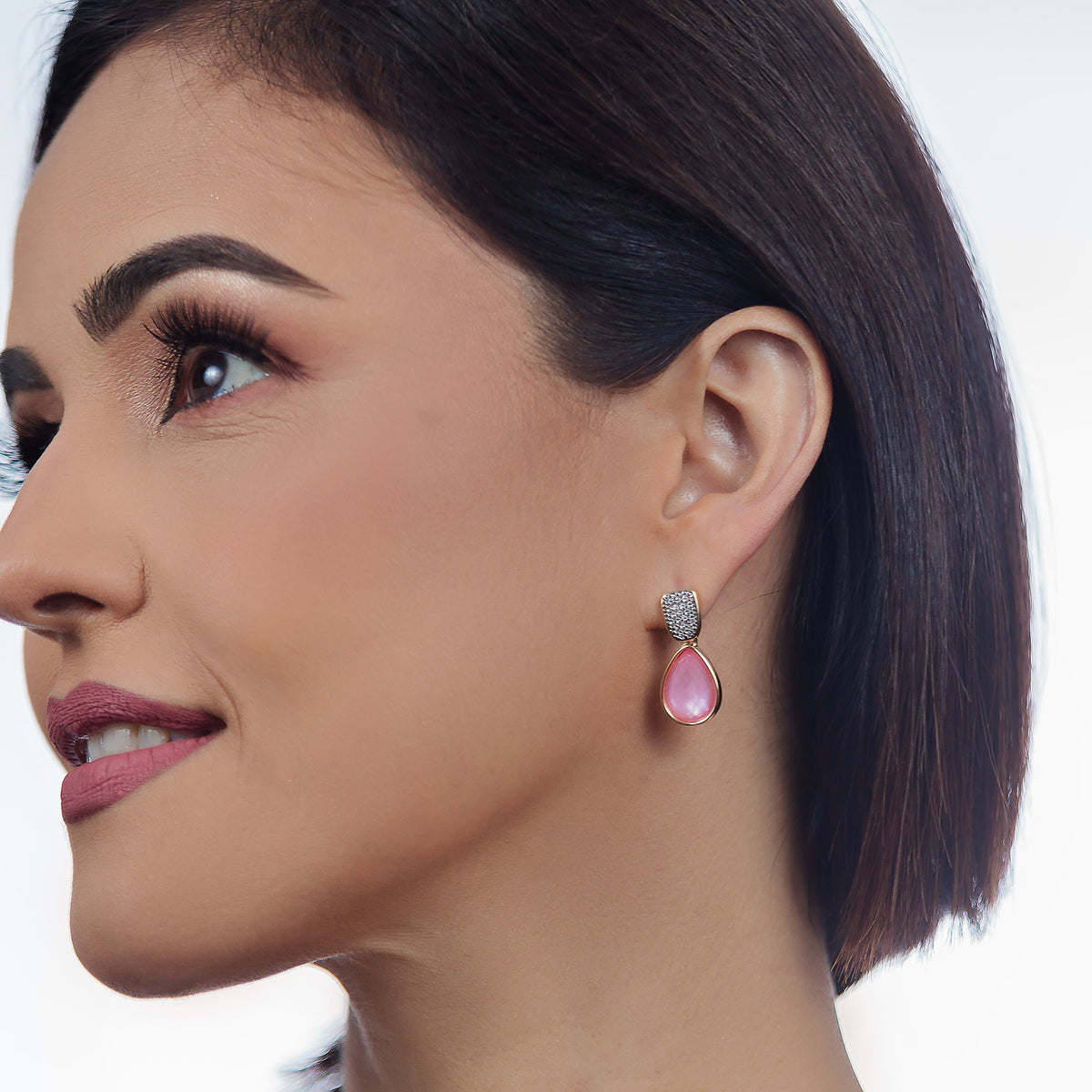 Pink Mother-of-Pearl Drop Earrings &amp; Pave Clear CZ Studded | Gold Plated