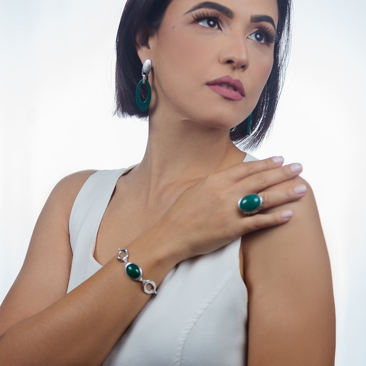 Green Agate Slice Statement Earrings | Rhodium Plated
