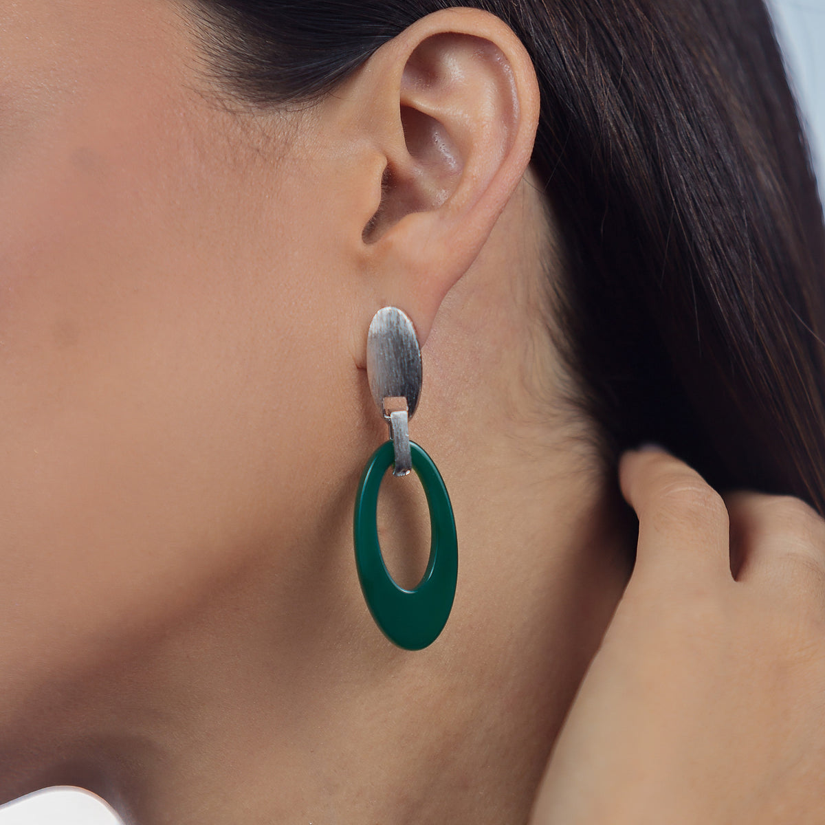 Green Agate Slice Statement Earrings | Rhodium Plated