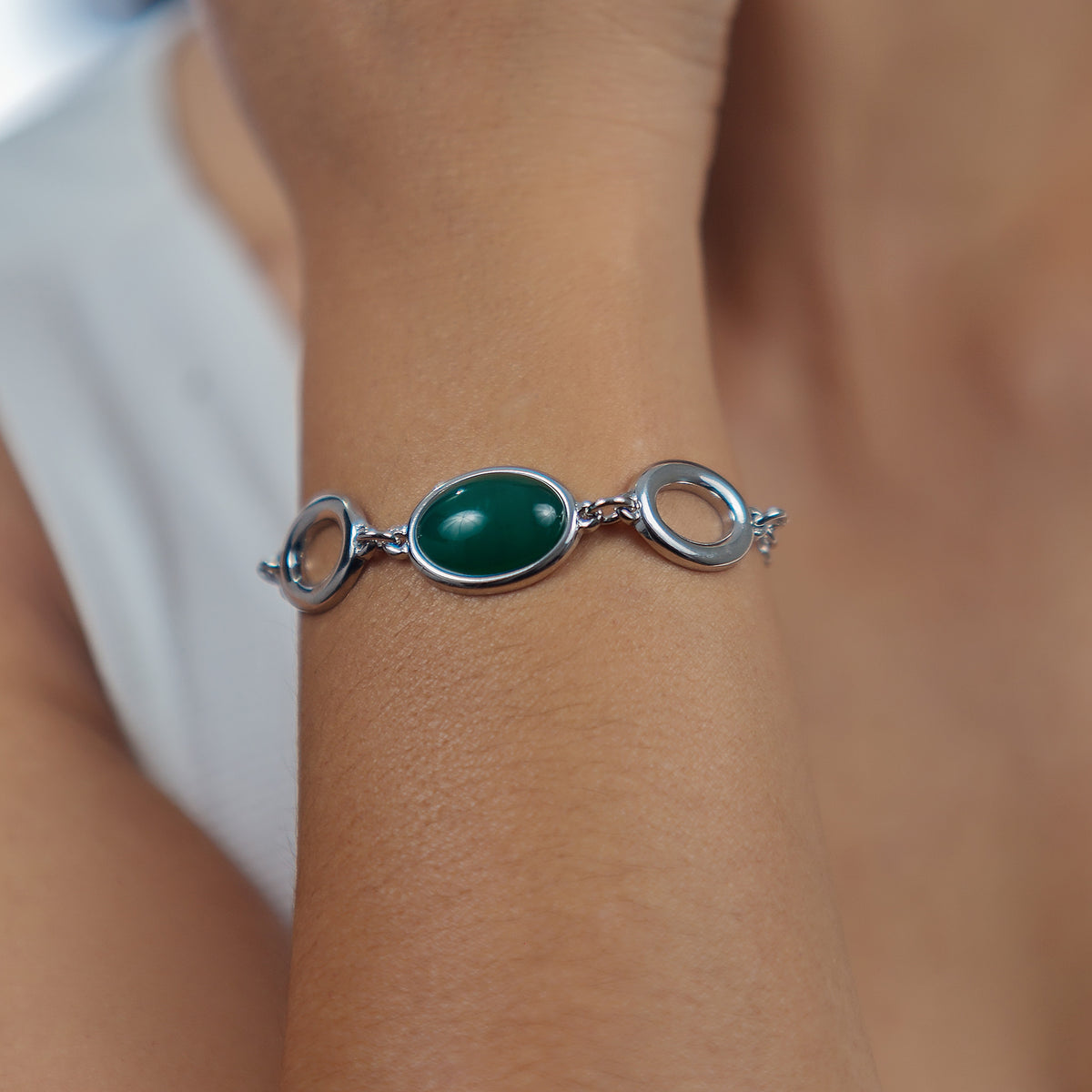 Link Bracelet in Green Agate Natural Gemstone | Rhodium Plated