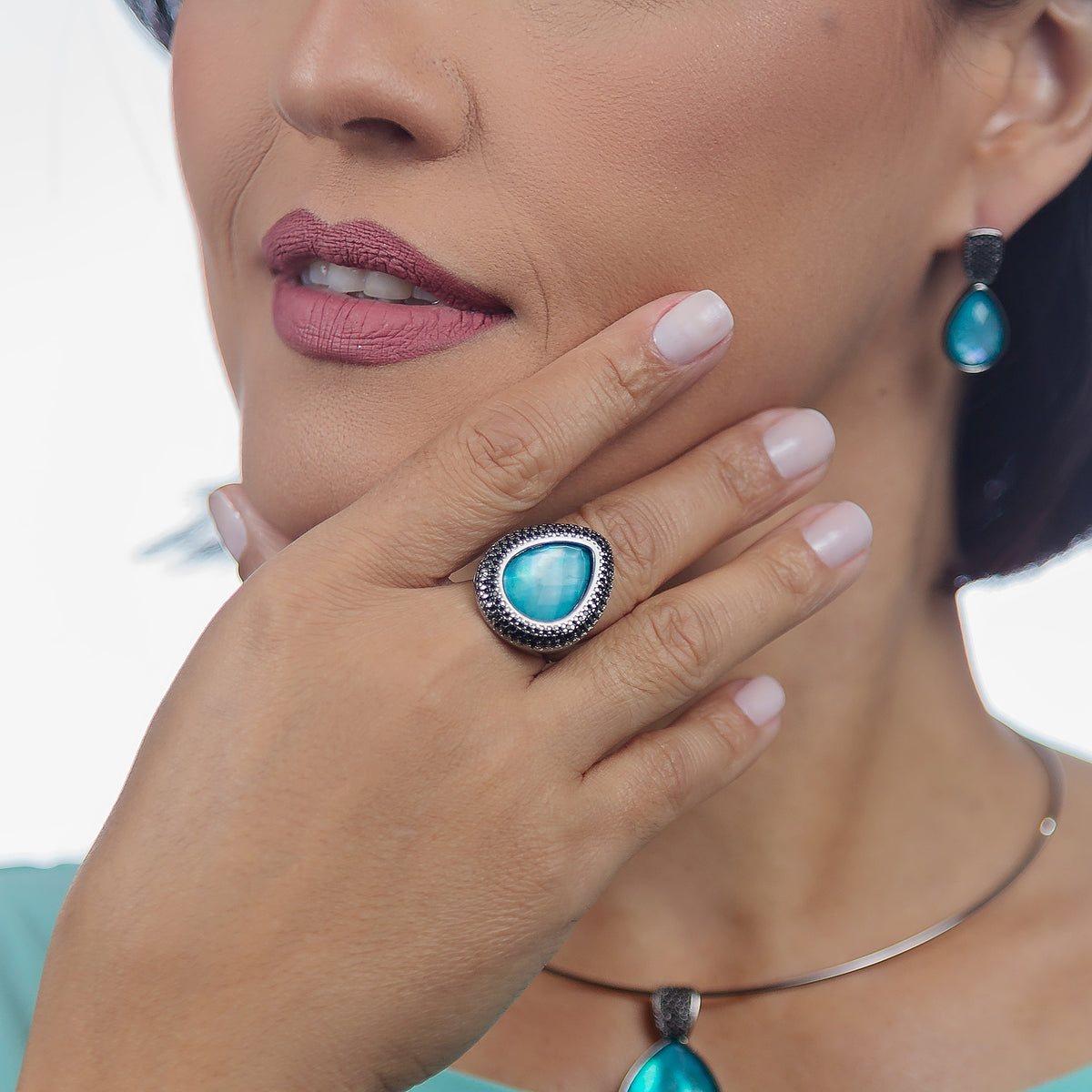 Blue Mother-of-Pearl and Black Spinel Halo Cocktail Ring | Black Rhodium Plated
