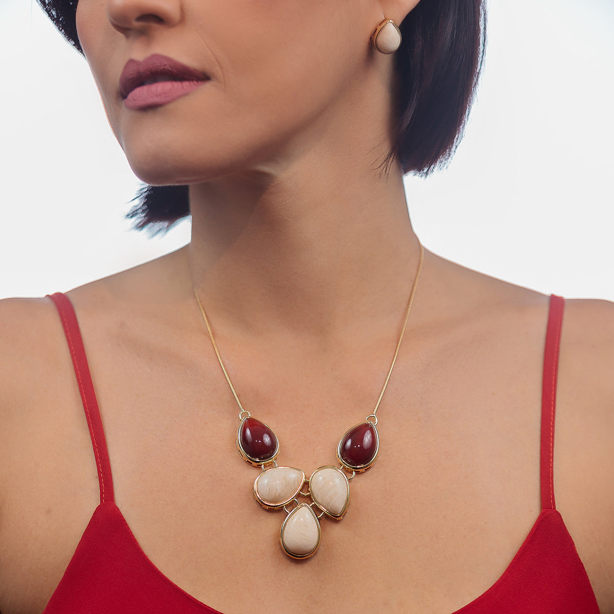 Statement Necklace in Red Agate &amp; Beige Amazonite Natural Gemstone | Gold Plated