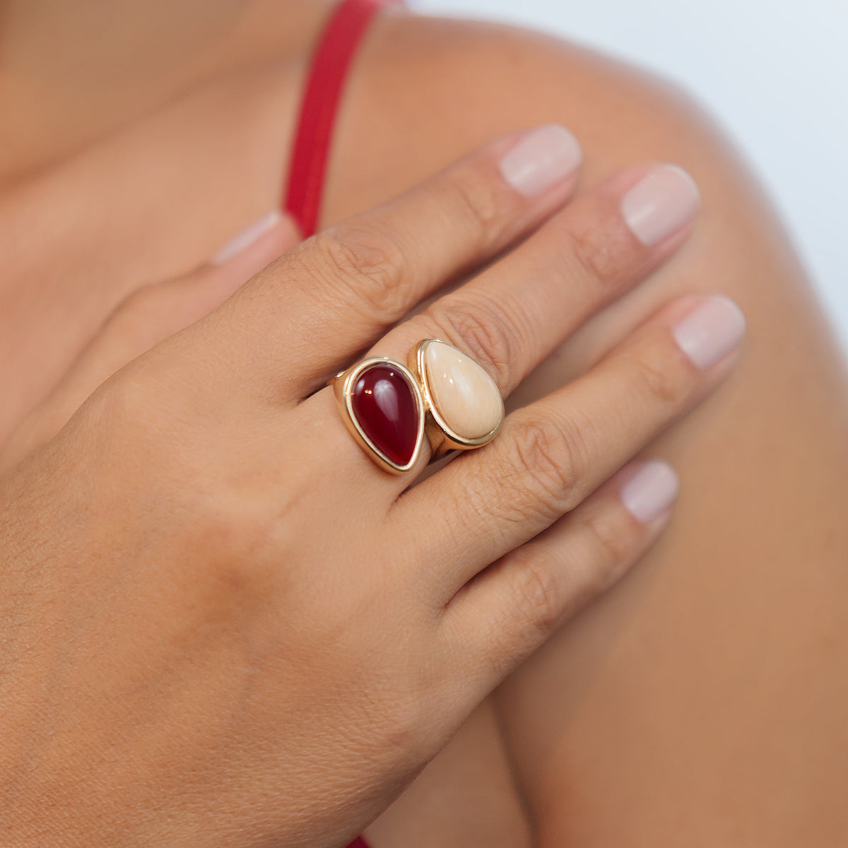 Cocktail Ring in Red Agate &amp; Beige Amazonite Natural Gemstone | Gold Plated