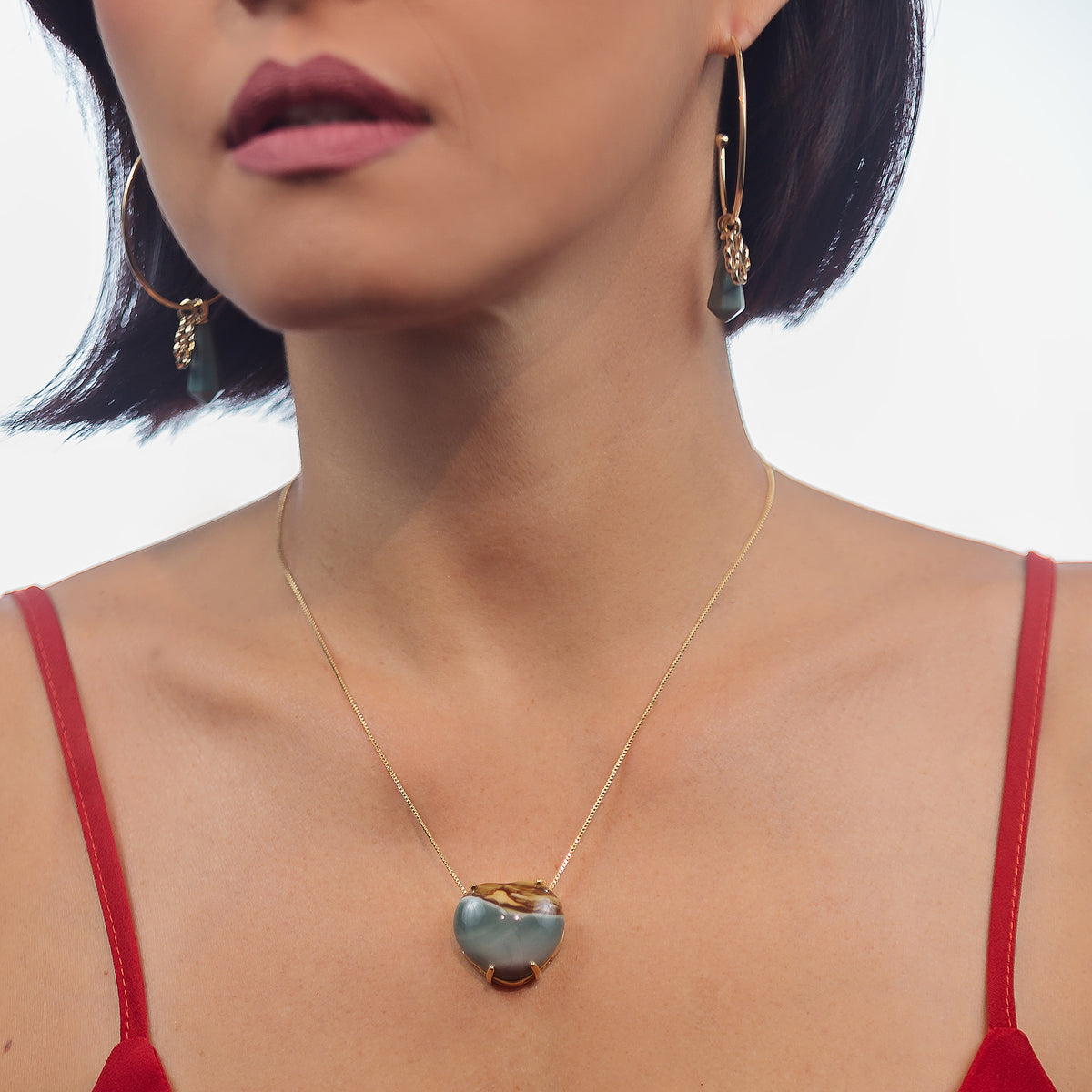 Heart Pendant Necklace in Polychrome Jasper Natural Gemstone | Gold Plated