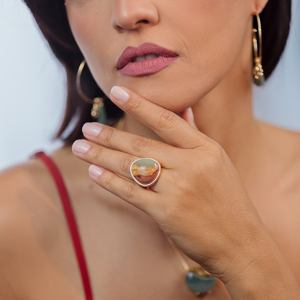 Cocktail Ring in Polychrome Jasper Natural Gemstone | Gold Plated