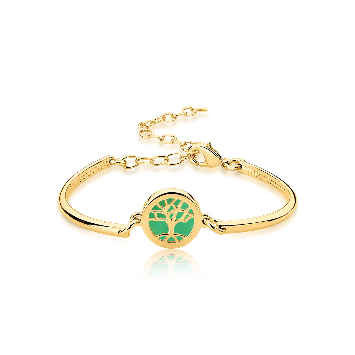 Tree of Life Bangle Bracelet in Green Agate Natural Gemstone | Gold Plated