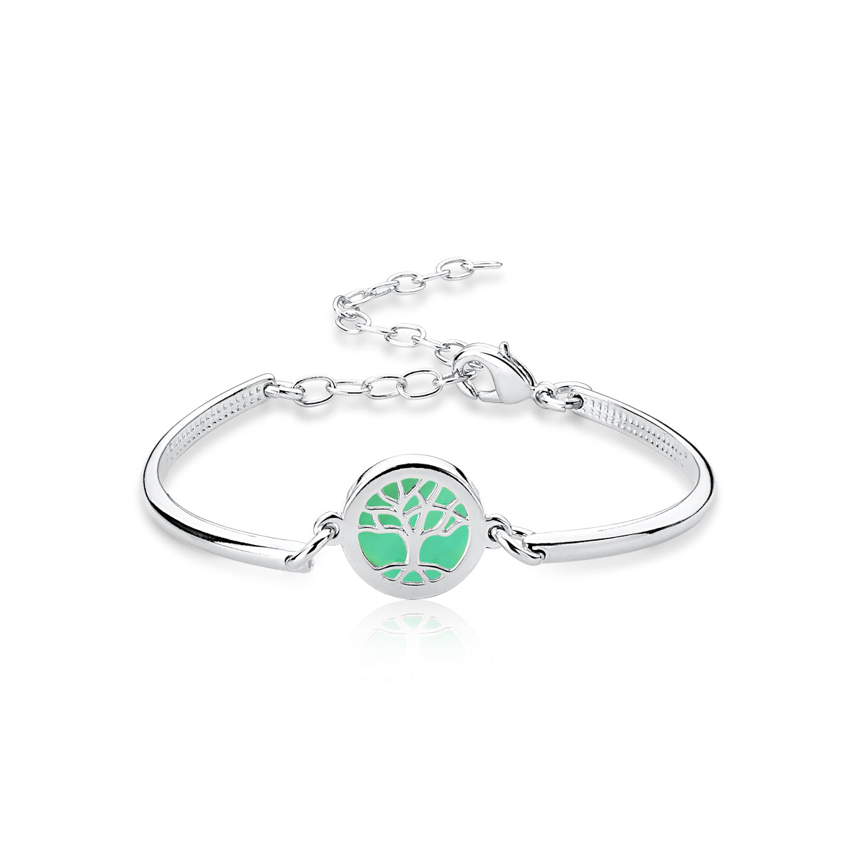 Tree of Life Bangle Bracelet in Green Agate Natural Gemstone | Rhodium Plated