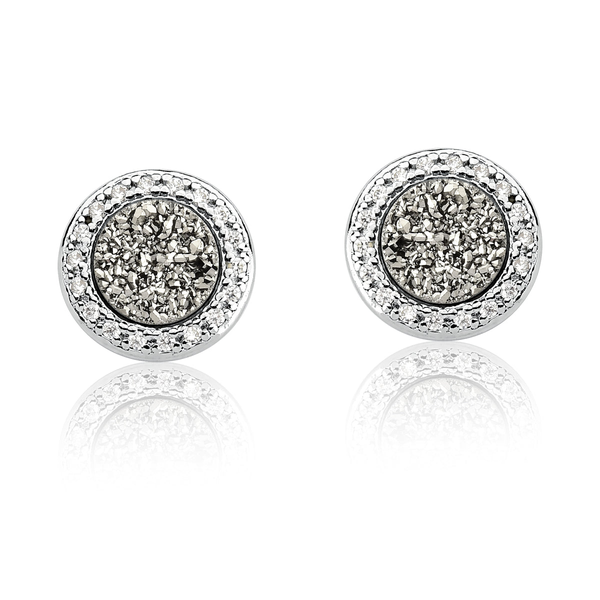 Stud Earrings in Titanium Druzy Natural Gemstones &amp; Pave Clear Cubic Zirconia Studded | Rhodium Plated