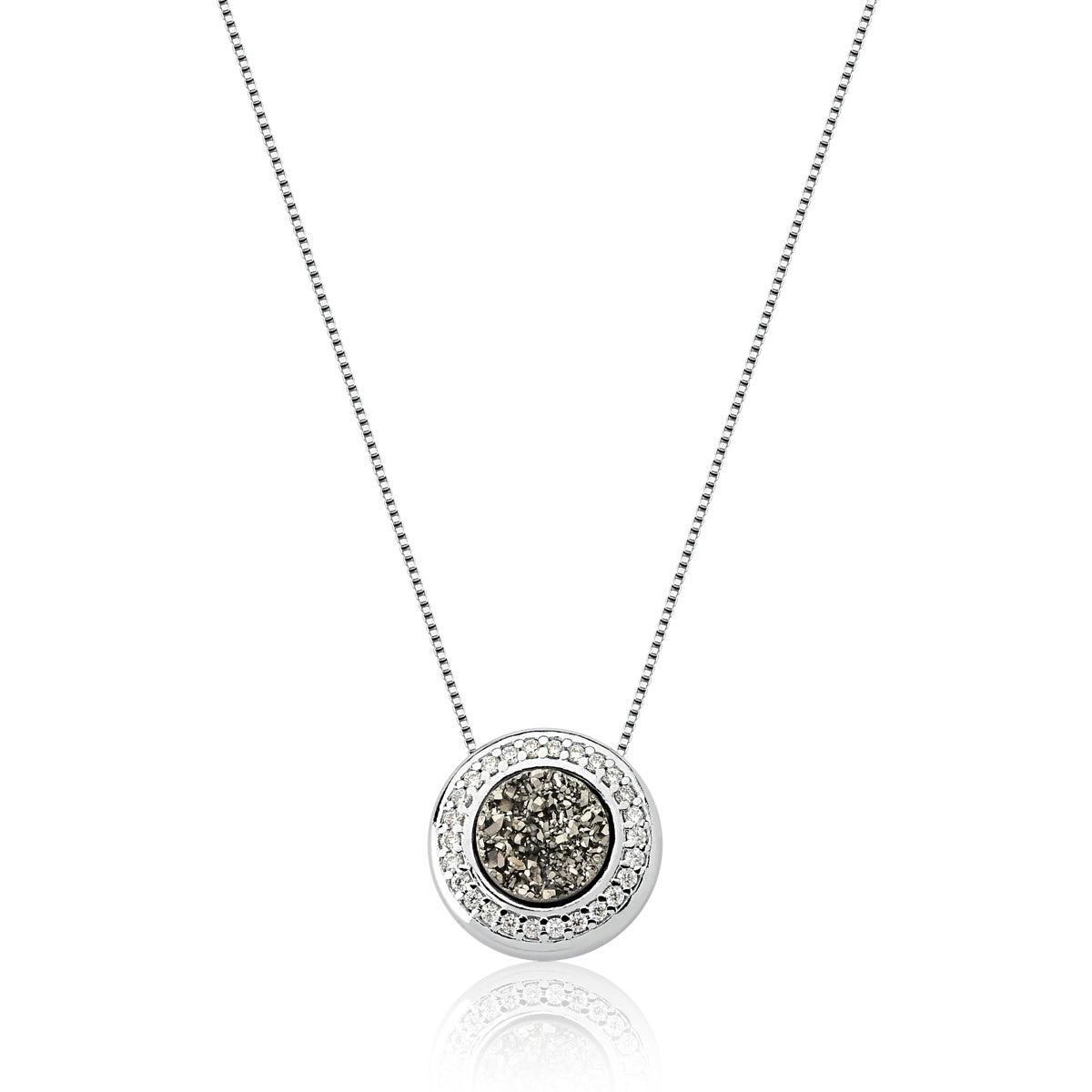 Pendant Necklace in Titanium Druzy Natural Gemstones &amp; Pave Clear Cubic Zirconia Studded | Rhodium Plated