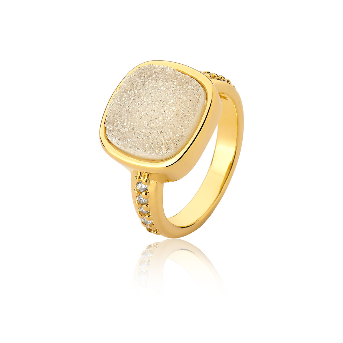Cocktail Ring in Pearl Druzy Natural Gemstone &amp; Pave Clear Cubic Zirconia Studded | Gold Plated