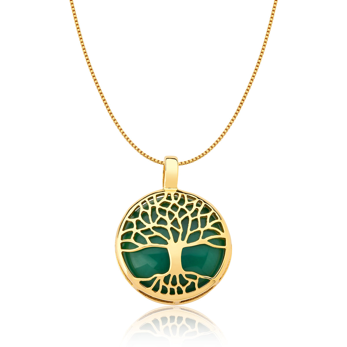 Tree of Life Pendant Necklace in Green Agate Natural Gemstone | Gold Plated