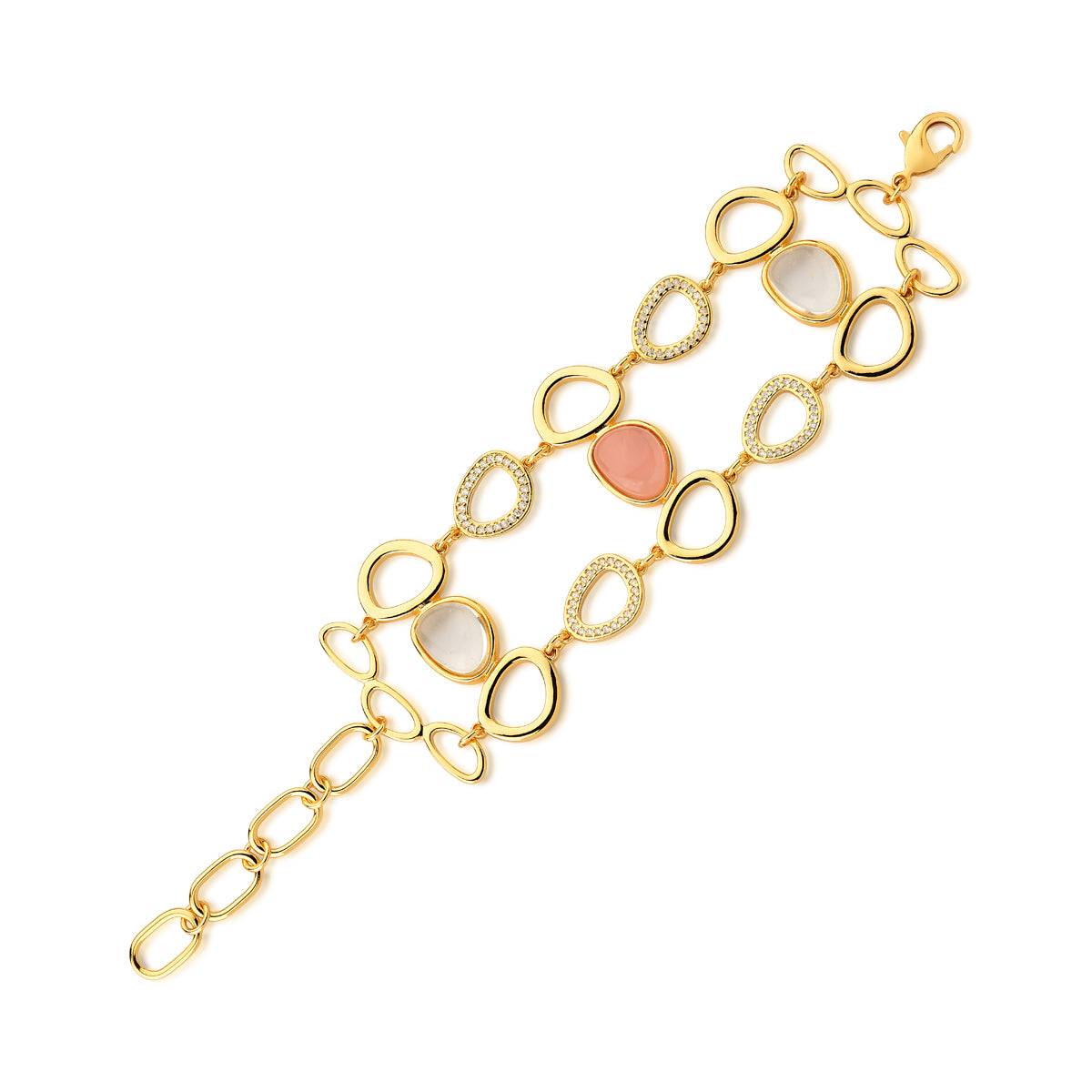 Link Bracelet in Rose Quartz and Rock Crystal Natural Gemstone &amp; Pave Clear Cubic Zirconia Studded | Gold Plated