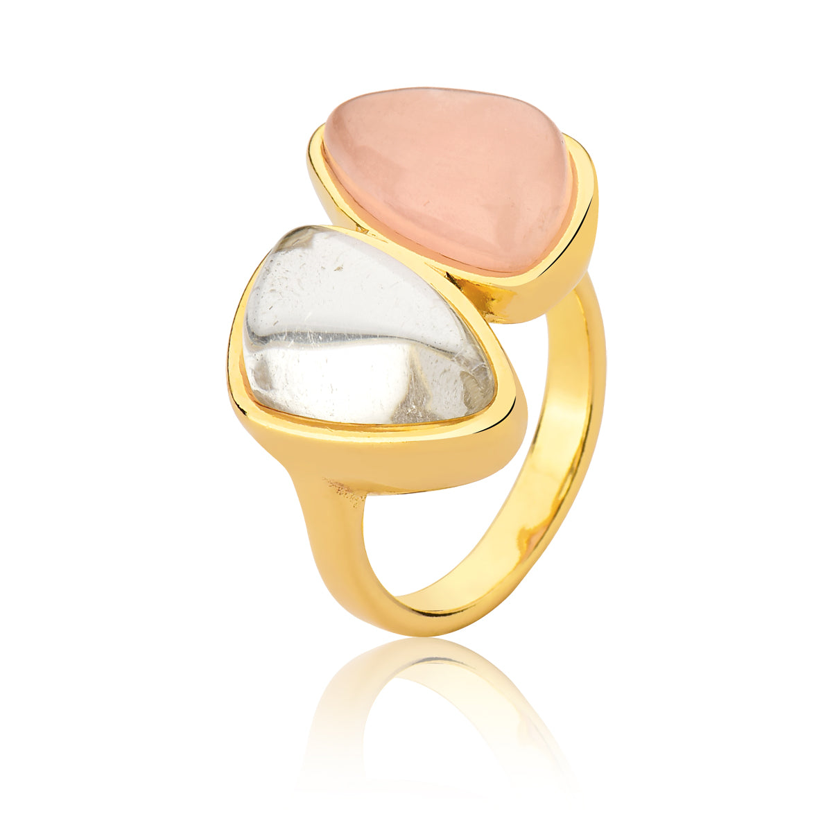 Cocktail Ring in Rock Crystal and Rose Quartz Natural Gemstone | Gold Plated