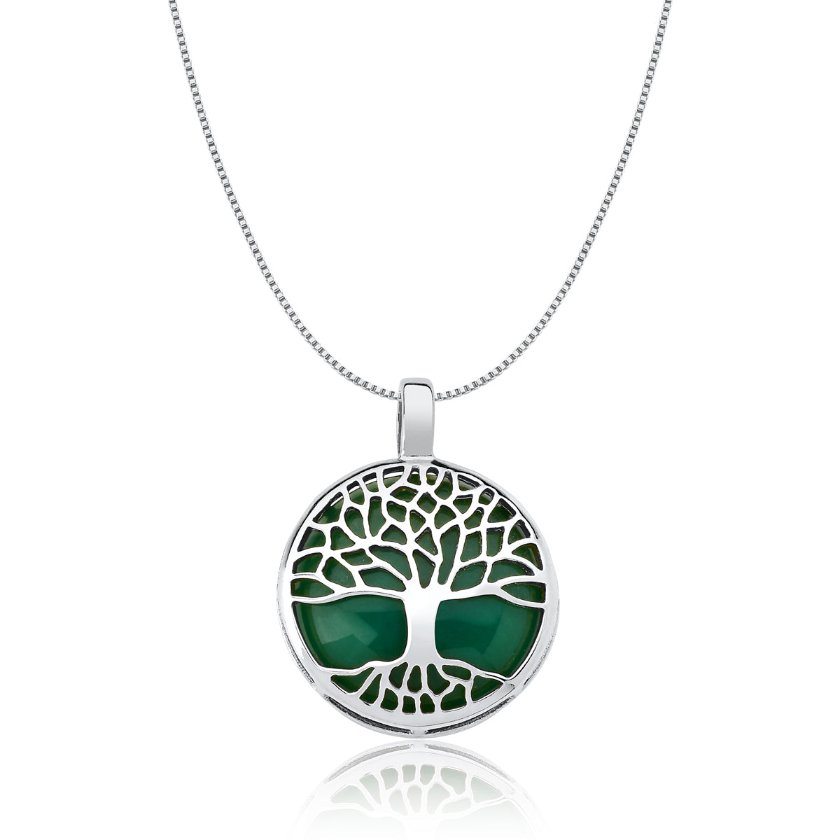 Tree of Life Pendant Necklace in Green Agate Natural Gemstone | Rhodium Plated