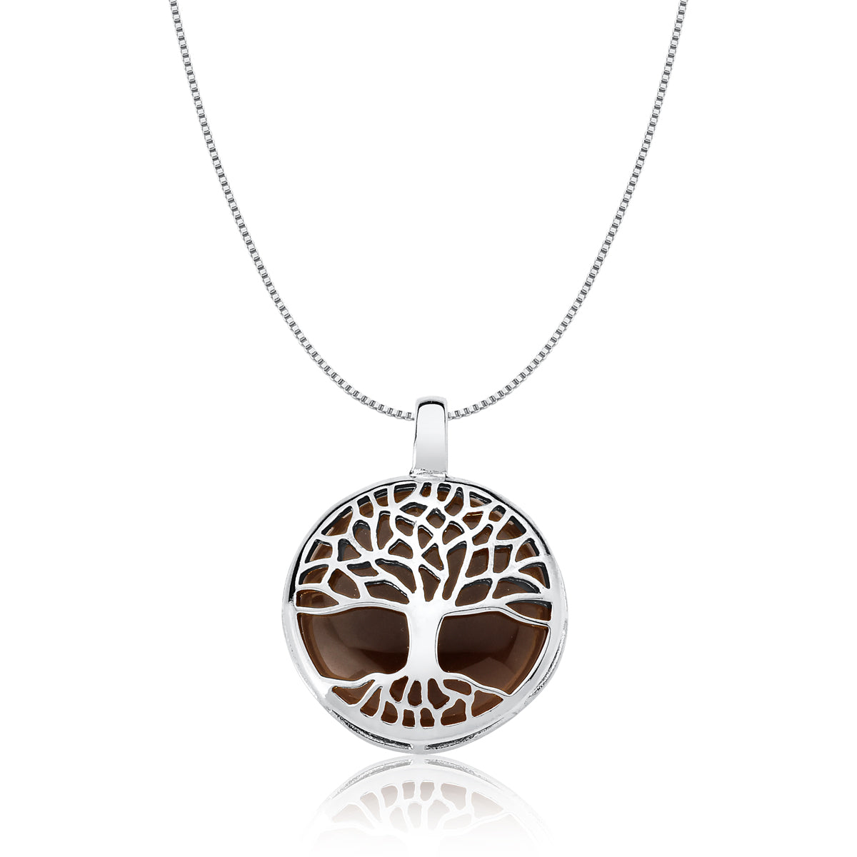 Tree of Life Pendant Necklace in Smoke Obsidian Natural Gemstone | Rhodium Plated