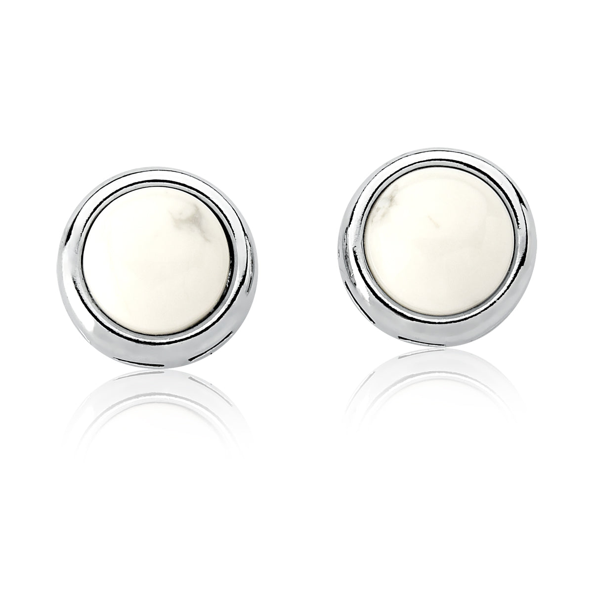 Stud Earrings in White Howlite Natural Gemstone | Rhodium Plated