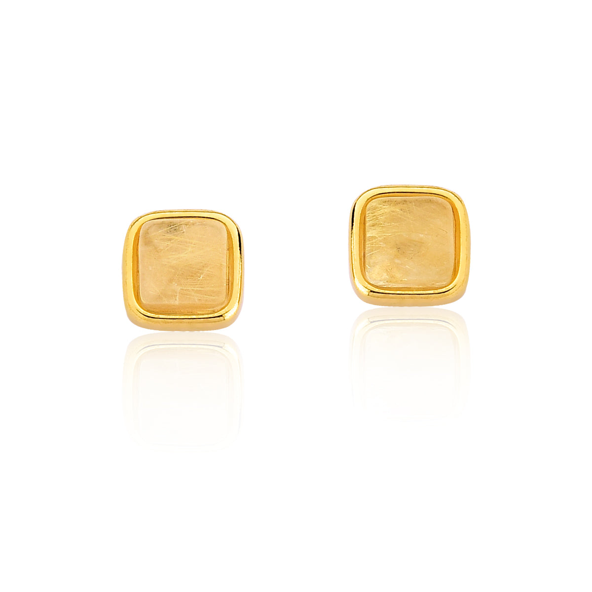 Stud Earrings in Brazilian Rutilated Quartz Natural Gemstone | Gold Plated