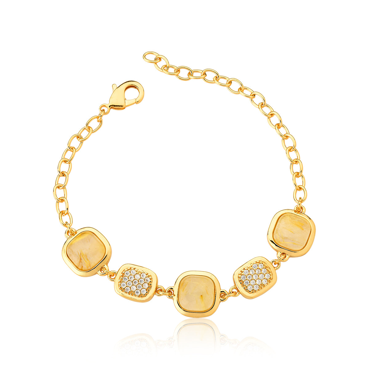 Link Bracelet in Brazilian Rutilated Quartz Natural Gemstones &amp; Pave Clear Cubic Zirconia Studded | Gold Plated