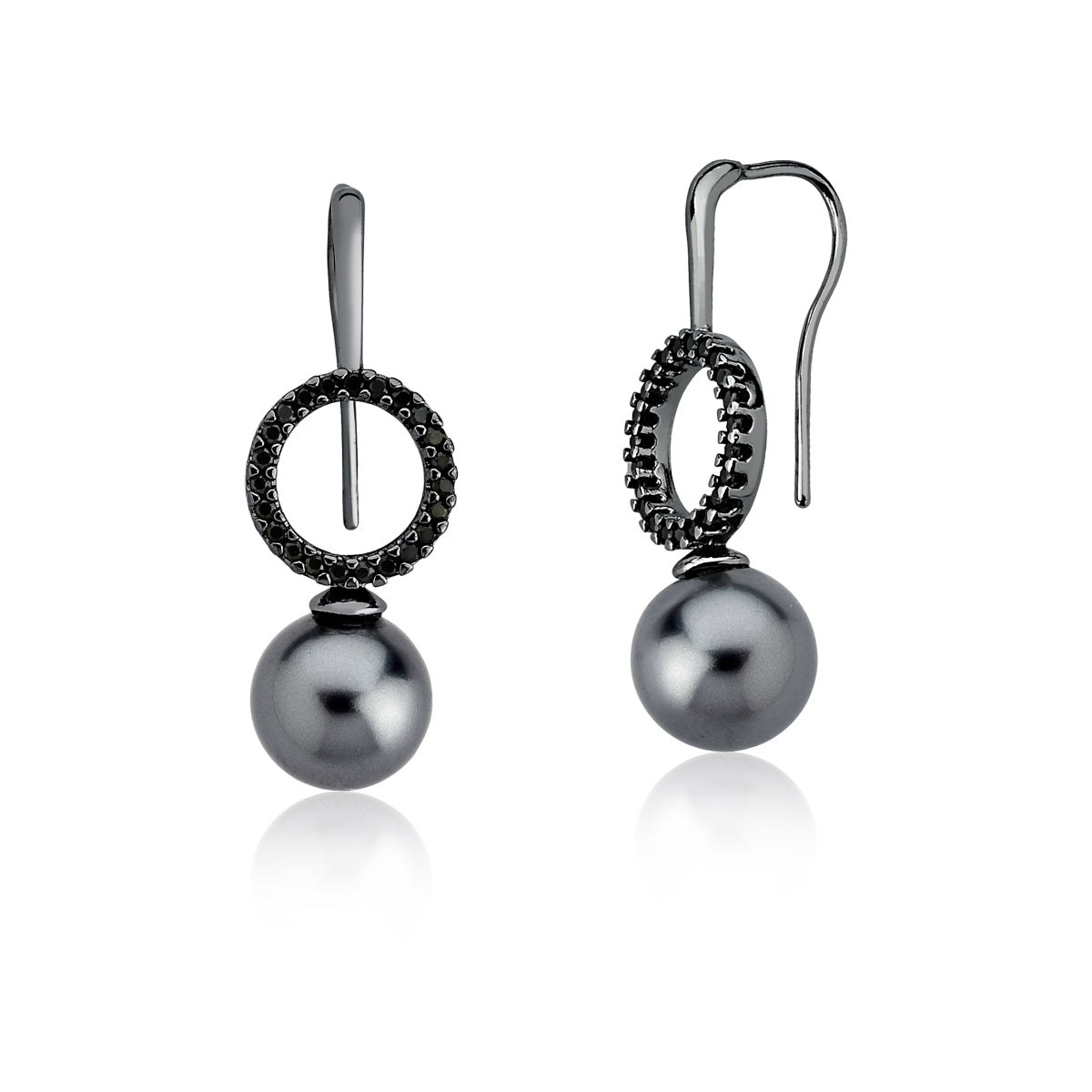 Graphite Shell Pearl Drop Earrings &amp; Pave Black Spinel Studded | Black Rhodium Plated
