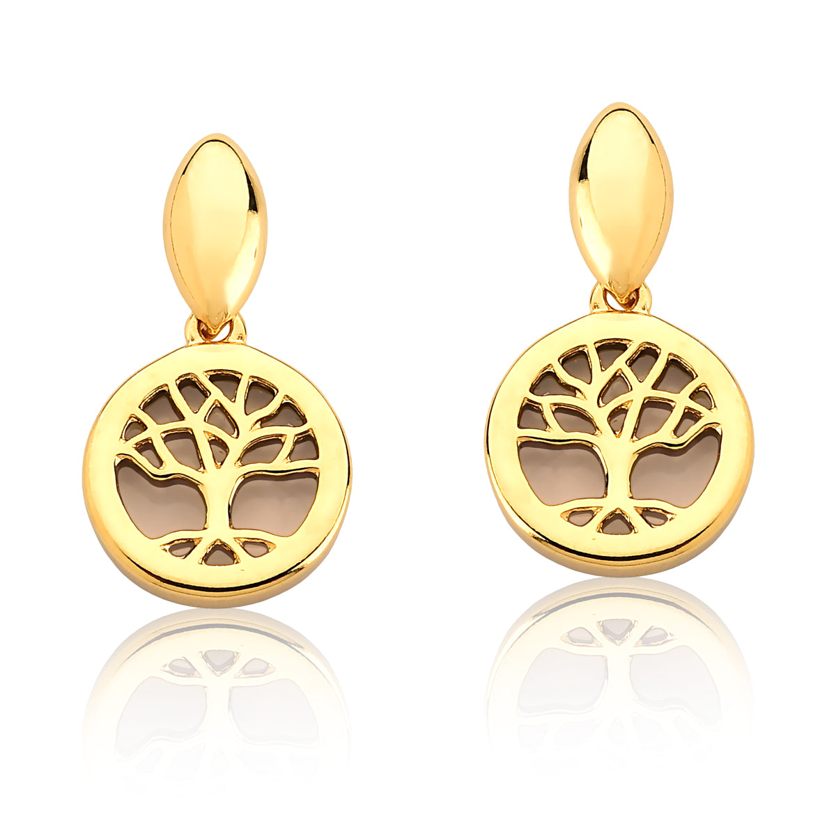 Tree of Life Drop Earrings in Smoke Obsidian Natural Gemstone | Gold Plated