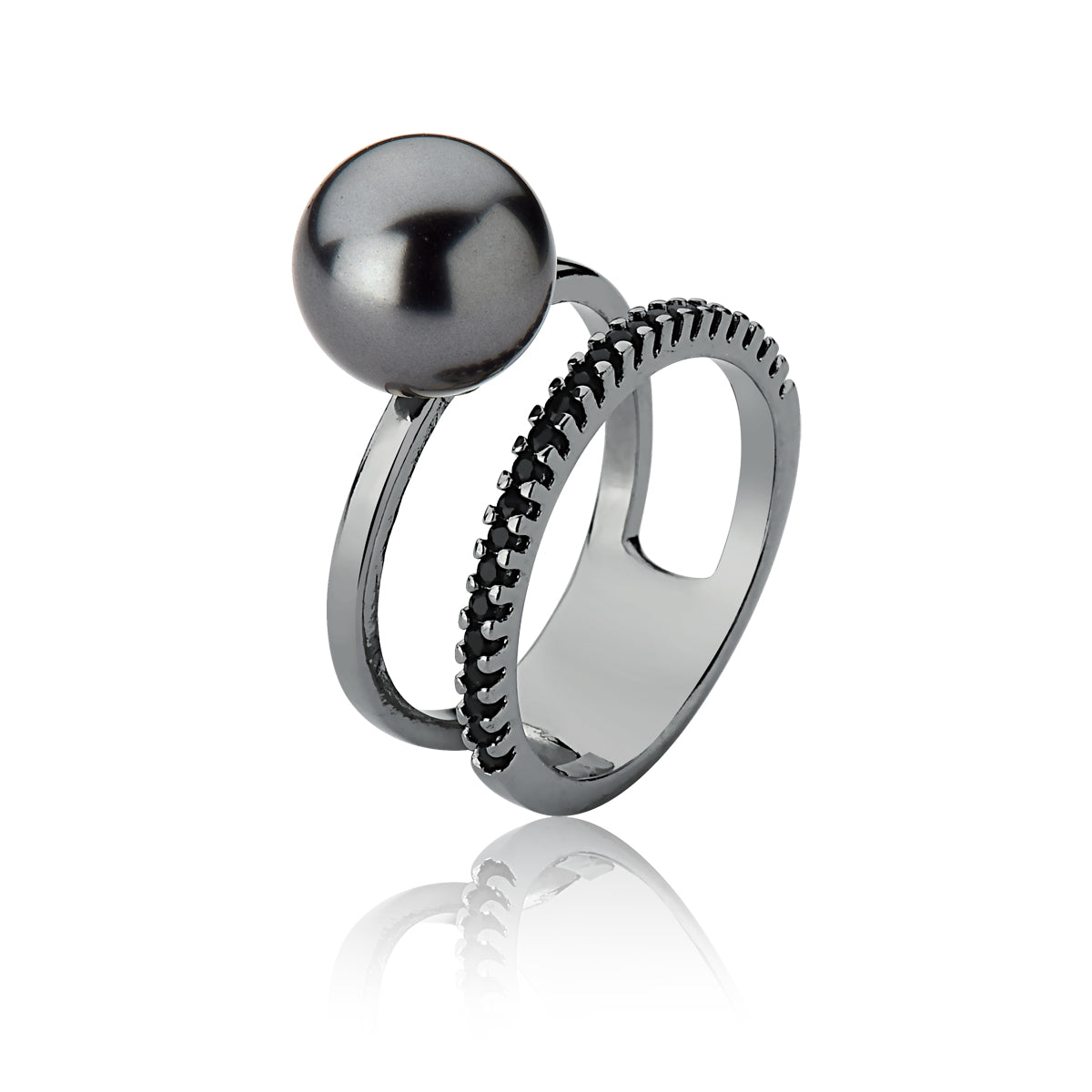 Graphite Shell Pearl Double Band Ring &amp; Pave Black Spinel Studded | Black Rhodium Plated