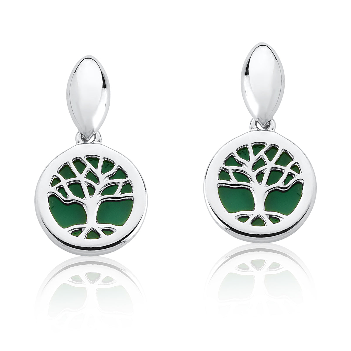 Tree of Life Drop Earrings in Green Agate Natural Gemstone | Rhodium Plated