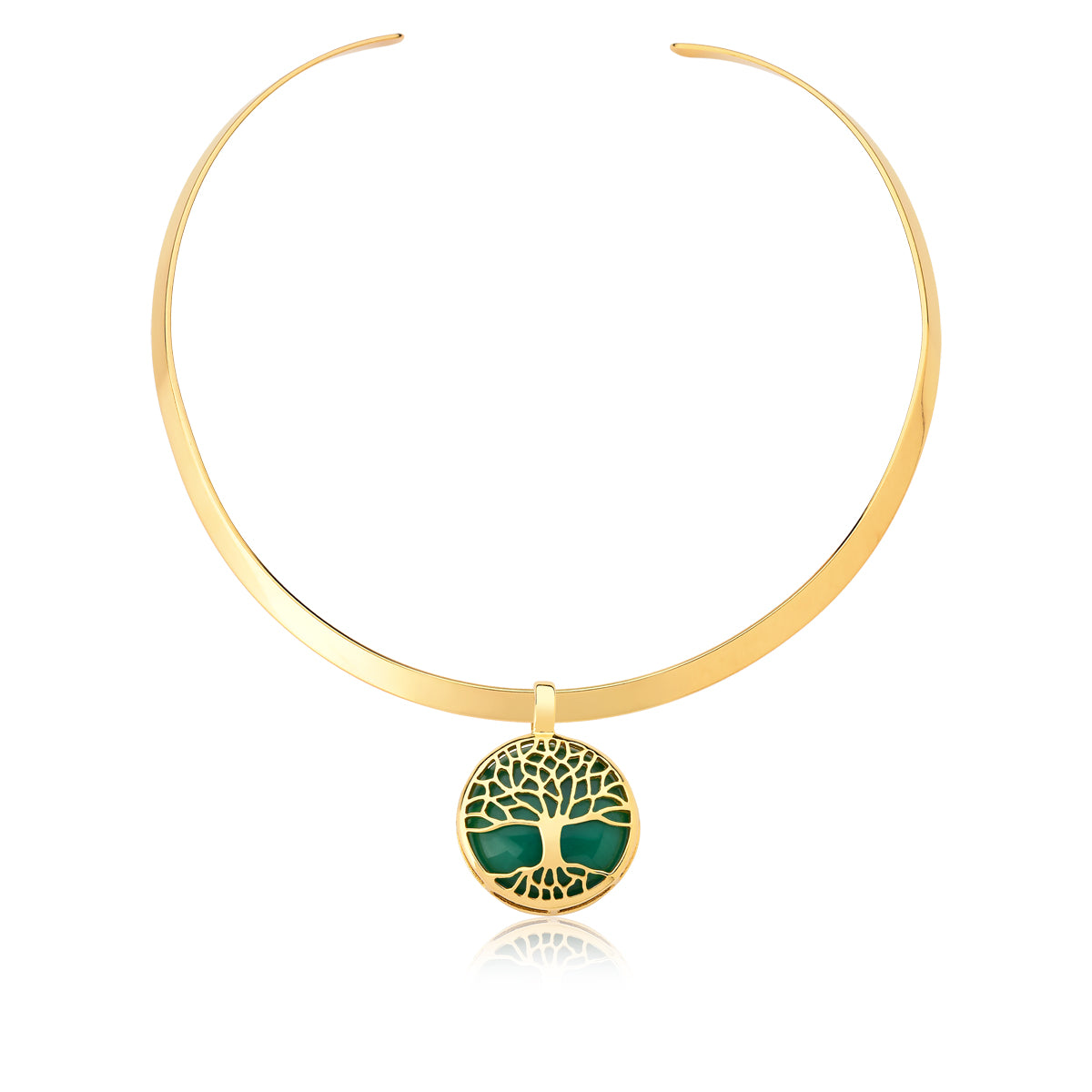 Tree of Life Choker Necklace in Green Agate Natural Gemstone | Gold Plated